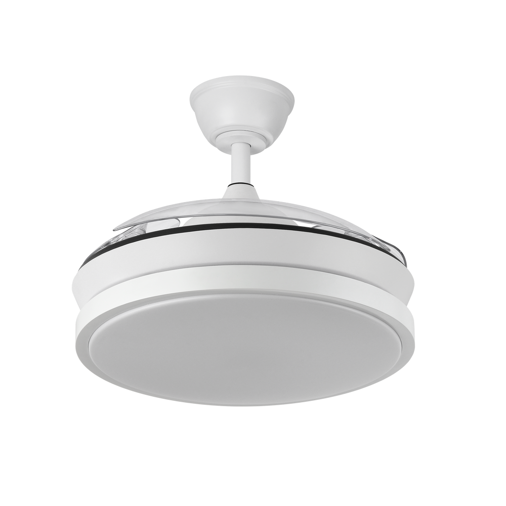 `alt=Ventilador de techo Escorpion Mini Blanco con LED integrado y motor DC, modelo Abrila 214599001`