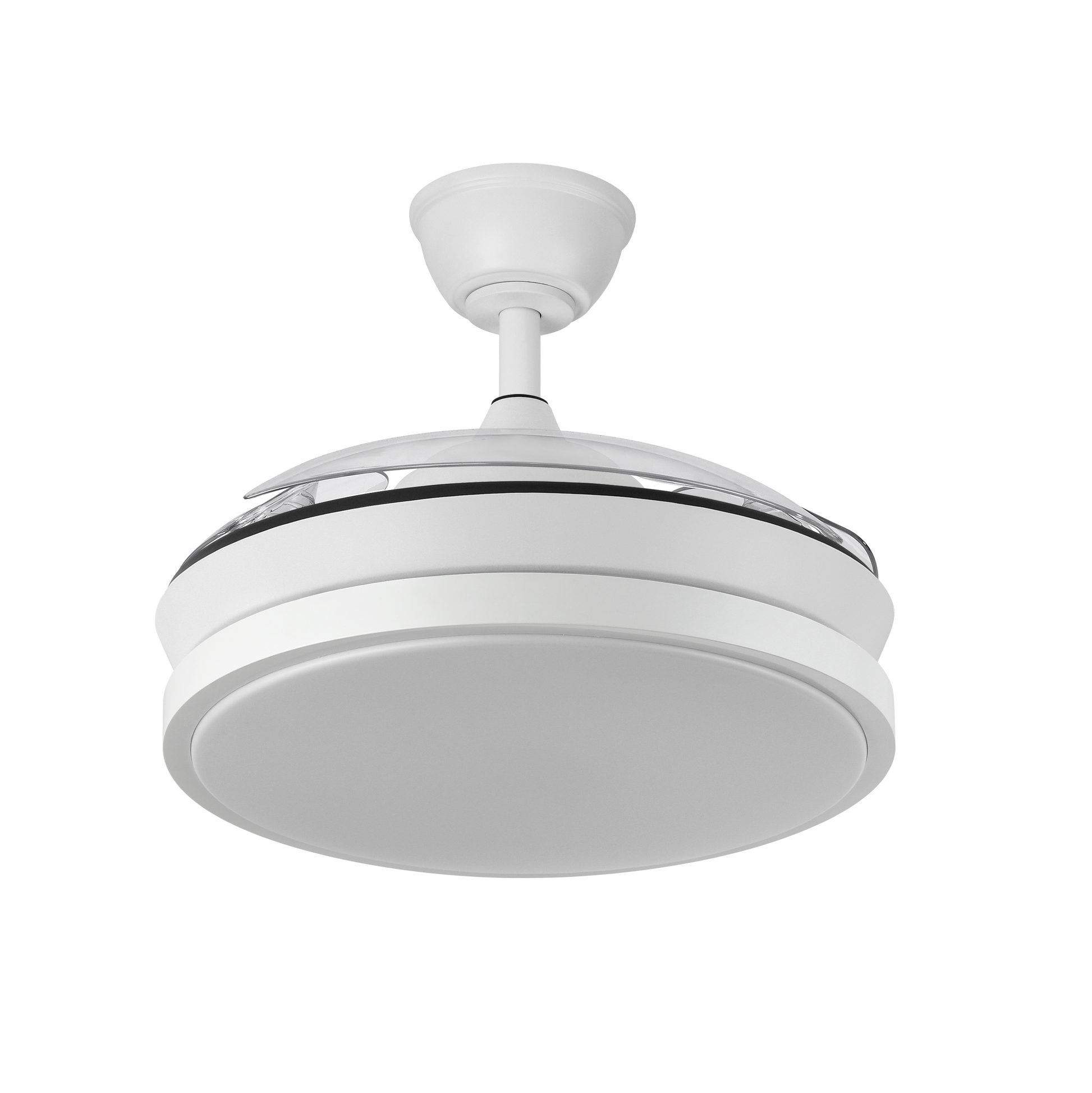 `alt=Ventilador de techo Escorpion Mini Blanco con LED integrado y motor DC, modelo Abrila 214599001`