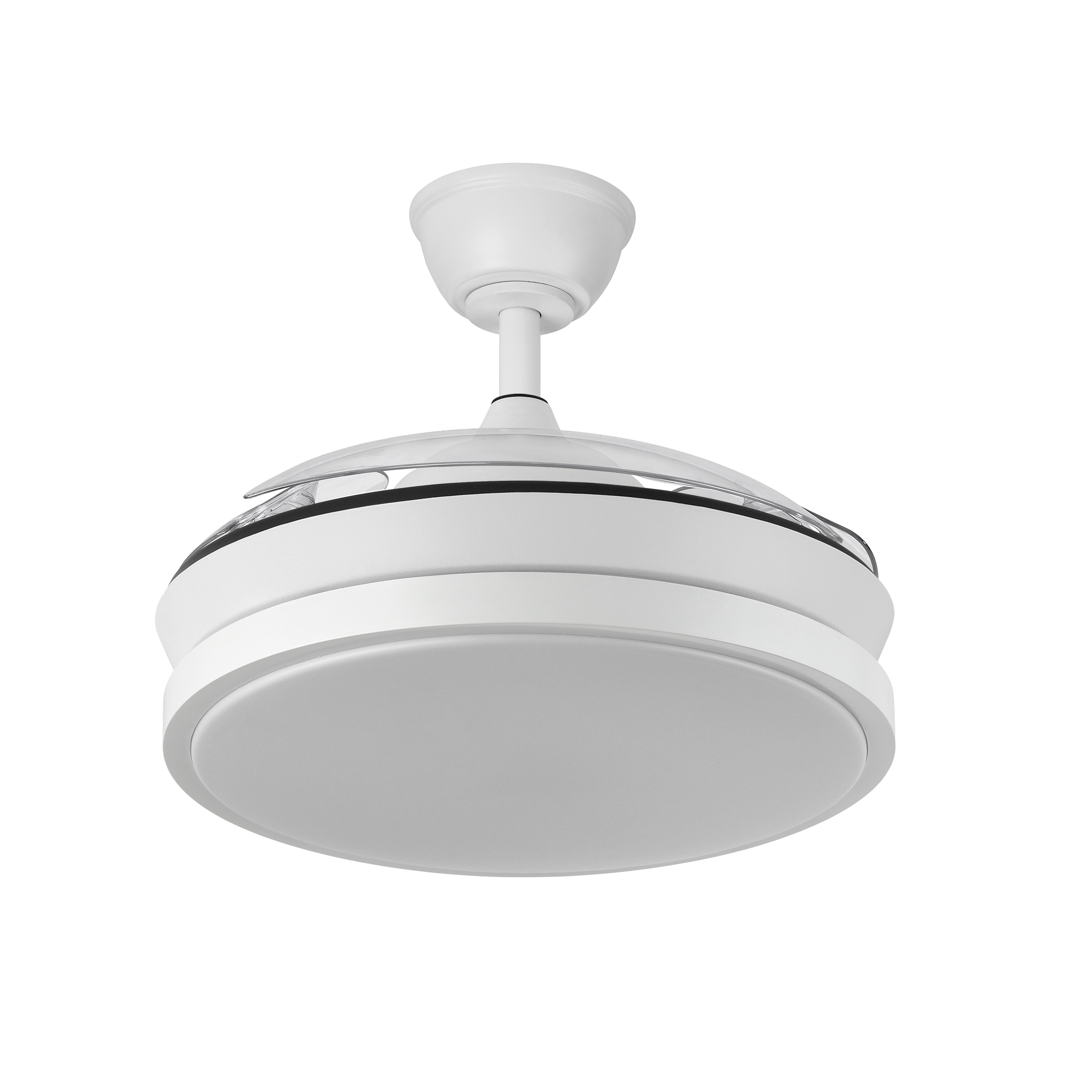 `alt=Ventilador de techo Escorpion Mini Blanco con LED integrado y motor DC, modelo Abrila 214599001`