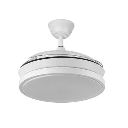 `alt=Ventilador de techo Escorpion Mini Blanco con LED integrado y motor DC, modelo Abrila 214599001`