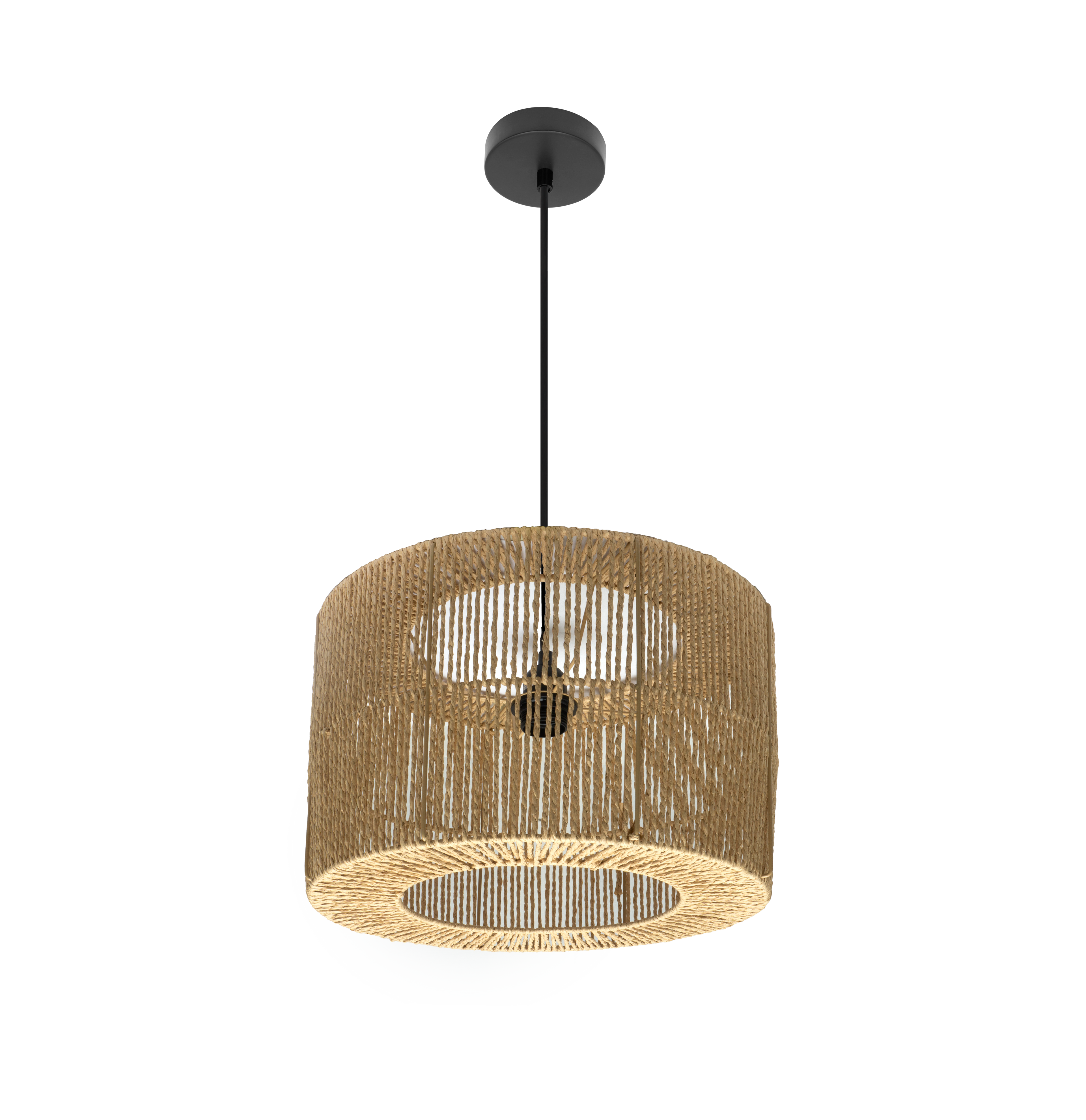 Lámpara colgante Pescara de Abrila en negro y natural, 38x38cm, diseño minimalista con cuerda de metal para decoración e iluminación interior doméstica