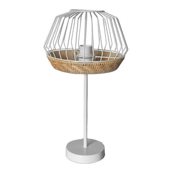 Lámpara de sobremesa Hugo en blanco natural de Abrila, diseño farmhouse vintage rústico con metal y rattan para decoración interior doméstica, modelo 218271068