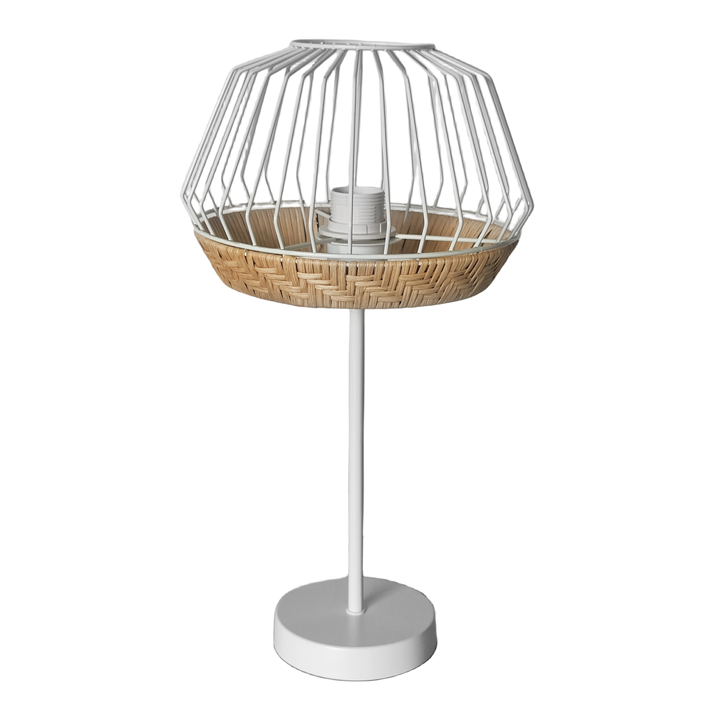 Lámpara de sobremesa Hugo en blanco natural de Abrila (218271068), diseño vintage rústico con metal y rattan para decoración interior farmhouse y doméstica