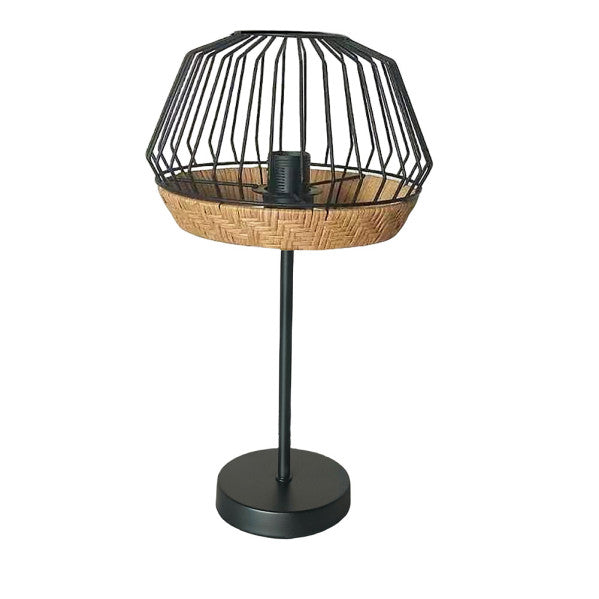 Lámpara de sobremesa Hugo negro natural Abrila, diseño vintage rústico con metal y rattan para decoración interior farmhouse chic