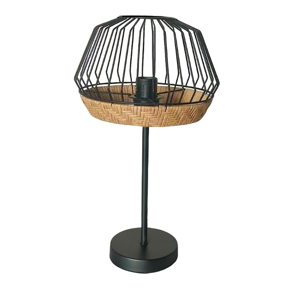 Lámpara de sobremesa Hugo negro y natural de Abrila, diseño vintage rústico con metal y rattan para decoración interior farmhouse chic y estilo doméstico.