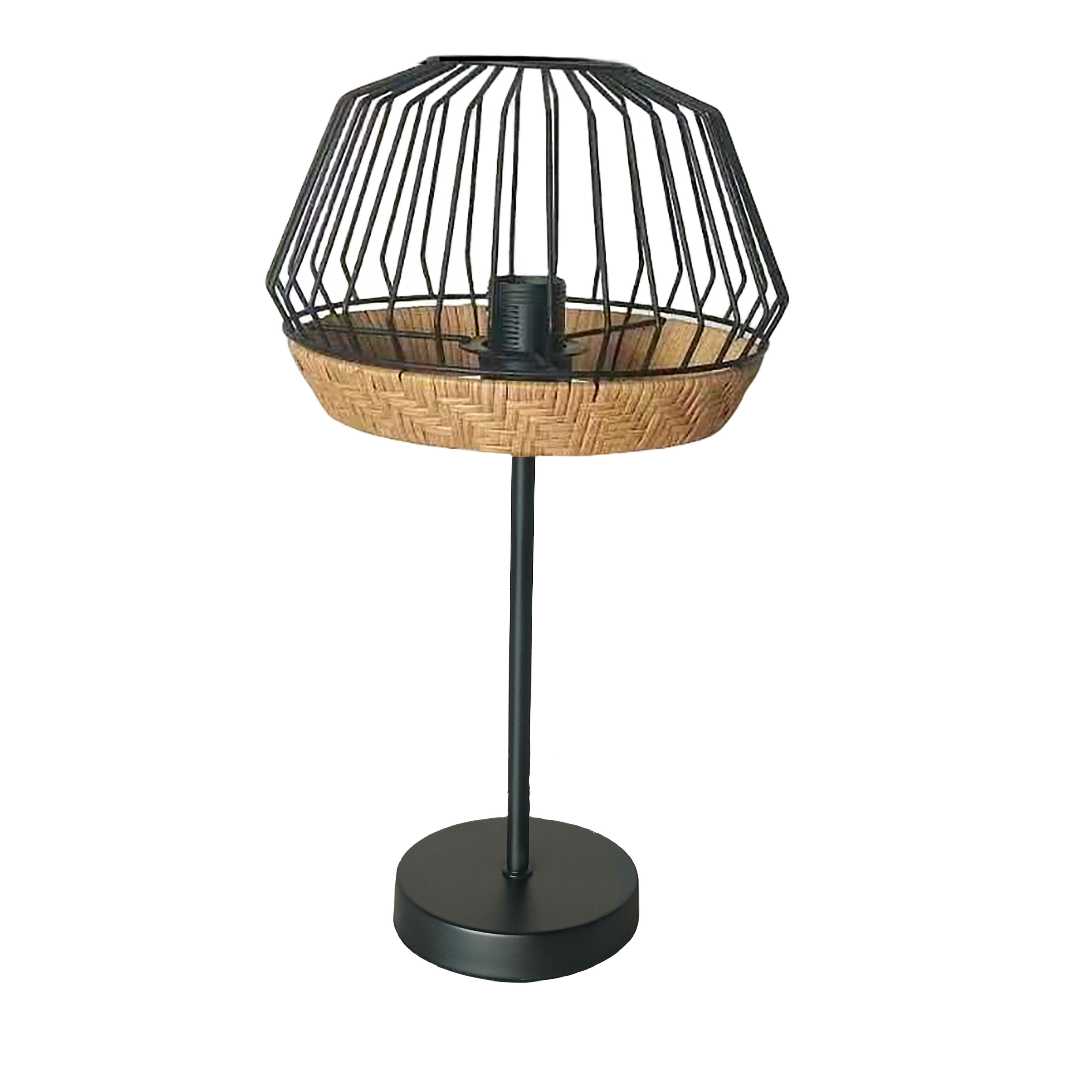 Lámpara de sobremesa Hugo negro y natural de Abrila, diseño vintage rústico con metal y rattan para decoración interior farmhouse chic y estilo doméstico.