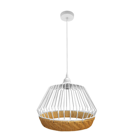 Colgante de luz Hugo 1xE27 en blanco y natural de Abrila, diseño vintage rústico con metal y rattan para decoración interior farmhouse chic y estilo natural.