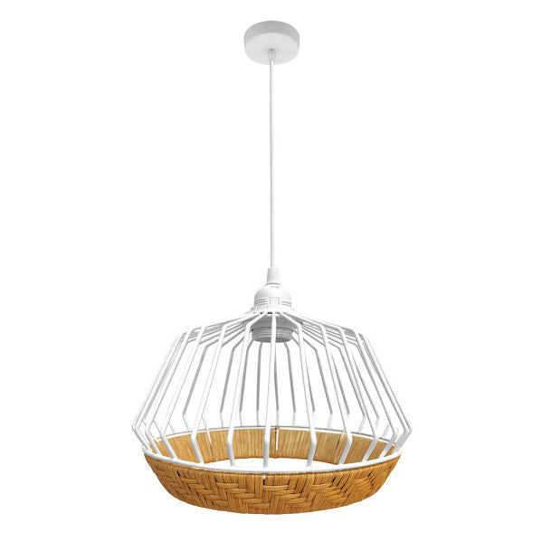 Lámpara colgante Hugo blanco natural 36x36cm Abrila, diseño vintage rústico en metal y rattan, iluminación doméstica E27 para decoración interior farmhouse chic