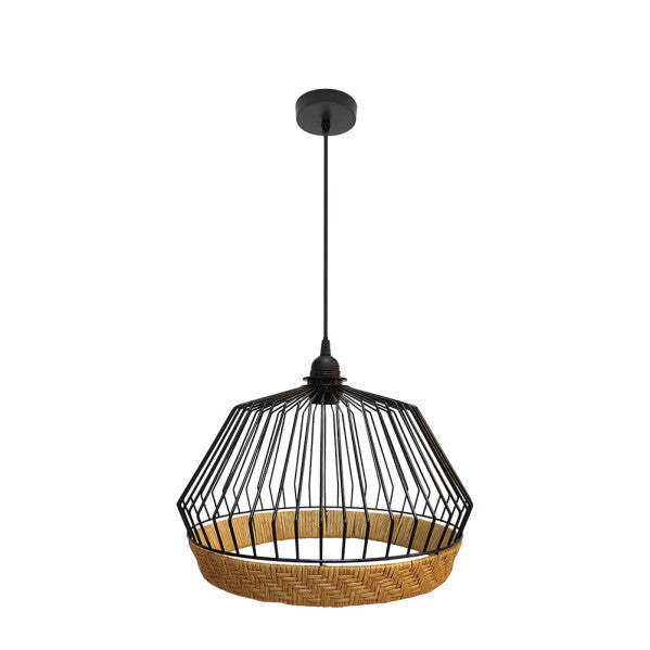 Lámpara colgante Hugo negra y natural de Abrila, diseño vintage rústico con metal y rattan para decoración interior doméstica farmhouse chic