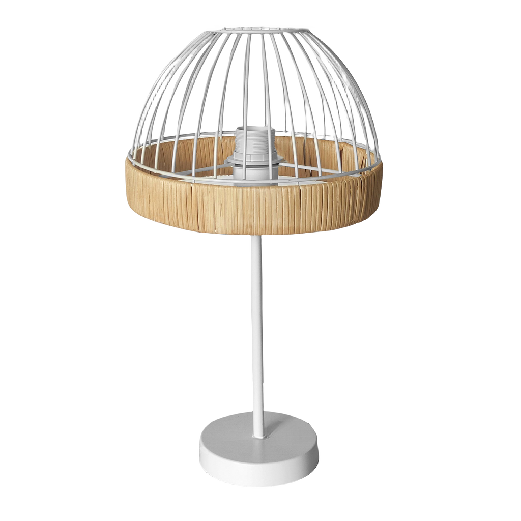 Lámpara de sobremesa Gaston en blanco y natural de metal y rattan, estilo vintage rústico farmhouse chic para decoración interior doméstica, 46x25x25cm, Abrila 218371068