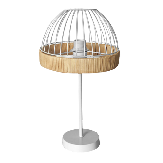 Lámpara de sobremesa Gaston en blanco y natural de metal y rattan, estilo vintage rústico farmhouse chic para decoración interior doméstica, 46x25x25cm, Abrila 218371068