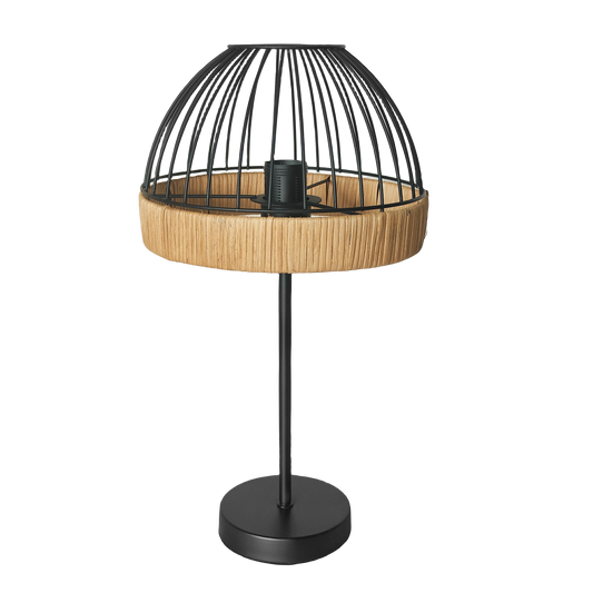 Lámpara de sobremesa Gaston en negro y natural de Abrila, diseño vintage rústico con metal y rattan para iluminación doméstica farmhouse chic y decoración interior sobremesa nature.