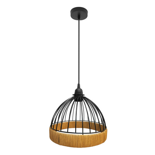 Lámpara colgante Gaston negro/natural de Abrila, diseño vintage rústico farmhouse chic con metal y rattan para iluminación LED en decoración interior doméstica