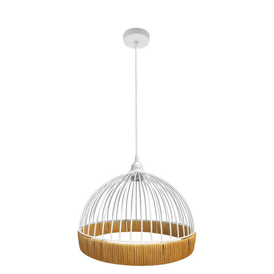 Lámpara colgante Gaston blanco/natural 30x30cm Abrila, diseño metal rattan vintage rústico farmhouse chic para decoración interior