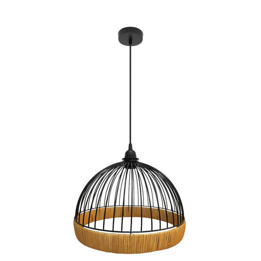 Colgante Gaston negro/natural 30x30cm Abrila, lámpara colgante de metal y rattan para decoración de interiores vintage rústico y farmhouse chic