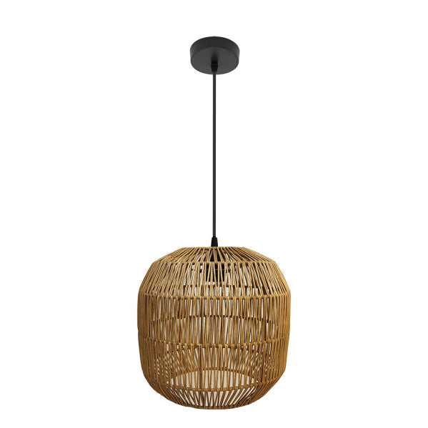 Lámpara colgante Fabio negro/natural 33x33 cm de Abrila, diseño en metal y rattan estilo mediterráneo para decoración de interiores domésticos