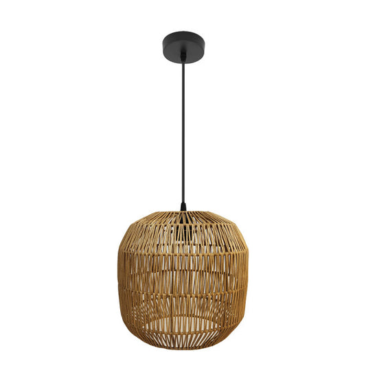 Lámpara colgante Fabio negro/natural 33x33 cm de Abrila, diseño en metal y rattan estilo mediterráneo para decoración de interiores domésticos