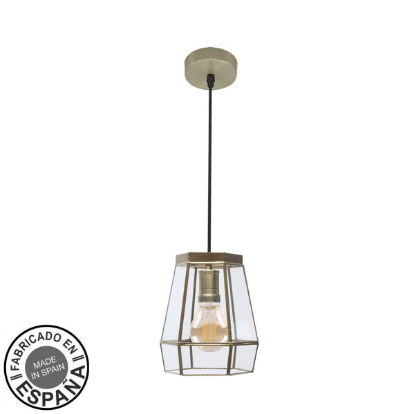 Colgante Guía Abrila 1xE27 de cuero 18x18cm, diseño artesanal boho chic vintage con metal y cristal para decoración de interiores domésticos en España