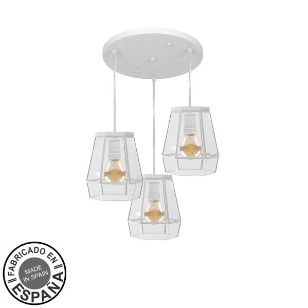 Plafon Guía 3xE27 blanco Abrila 42x42 cm, lámpara de techo moderna en metal y cristal, diseño boho chic vintage para decoración interior doméstica