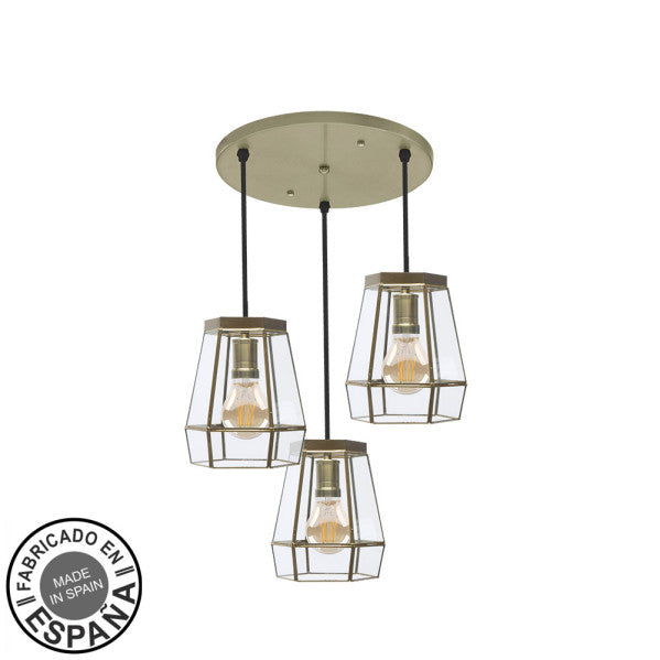 Plafon Guía de techo 3xE27 en cuero 42x42cm, lámpara moderna Abrila estilo boho chic vintage, hecha a mano con metal y cristal para decoración de interiores