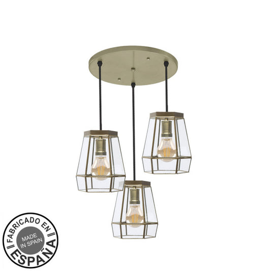 Plafon Guía de techo 3xE27 en cuero 42x42cm, lámpara moderna Abrila estilo boho chic vintage, hecha a mano con metal y cristal para decoración de interiores