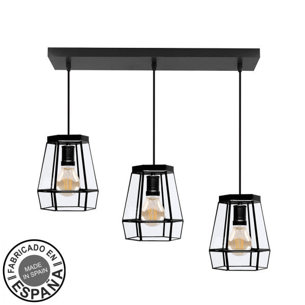 Regleta Guía 3xE27 Negro Abrila 221093109, lámpara artesanal boho chic vintage en metal y cristal para iluminación deco interior