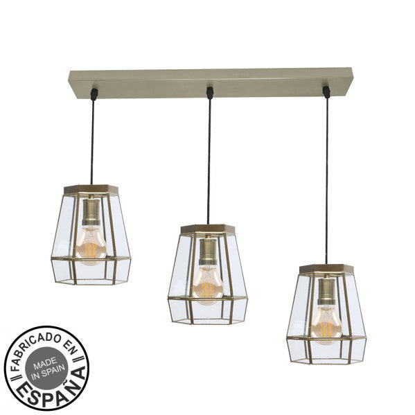 Regleta guía lámpara 3xE27 en cuero y metal con cristal, estilo boho chic vintage de Abrila, hecha a mano para decoración interior moderna
