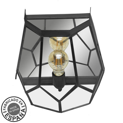 Aplique de pared rústico en metal negro con lente, espejo y cristal - Abrila 25x26x16 cm, decoración interior hecha a mano en España