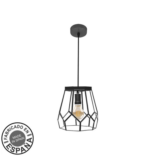 Colgante lámpara lente pequeño negro 20x20cm Abrila, diseño artesanal boho chic vintage en metal y cristal E27, decoración interior hecha a mano en España