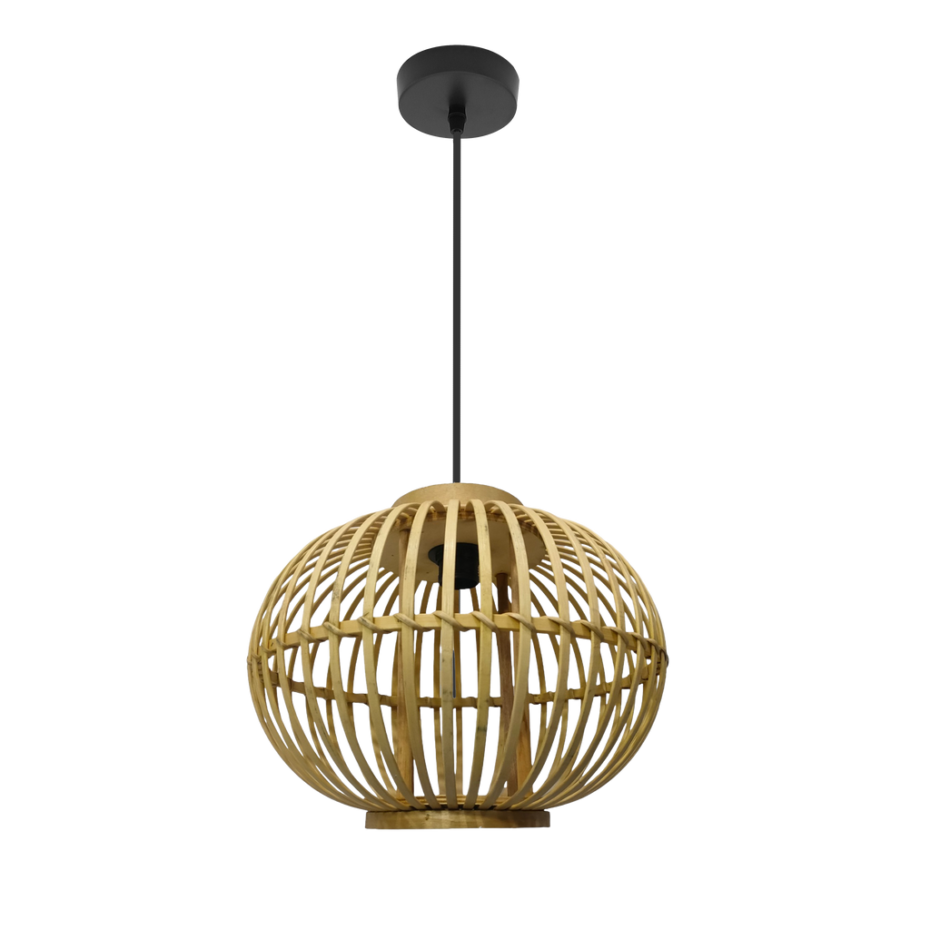 Colgante de lámpara en bambú guijo negro y natural 1xE27 Abrila, estilo rústico minimalista para decoración interior con luz difusa