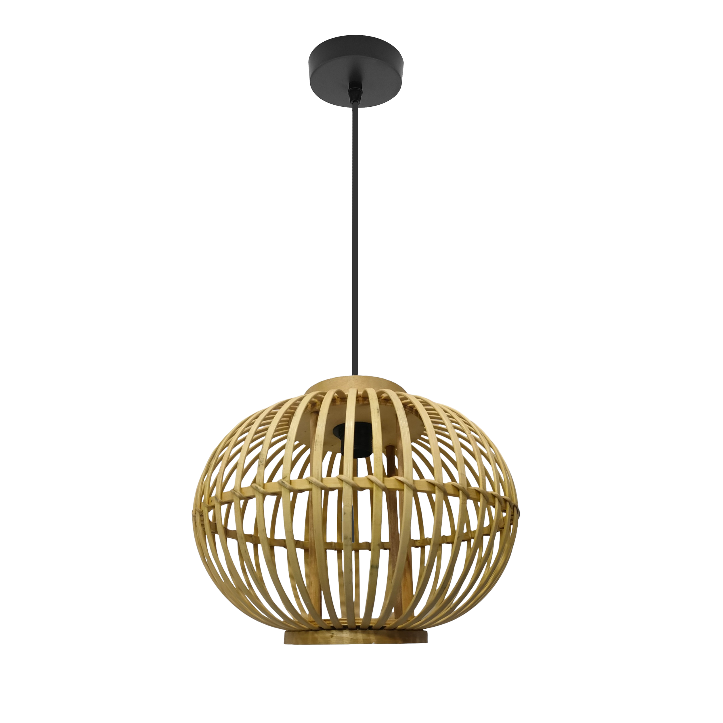 Colgante de lámpara en bambú guijo negro y natural 1xE27 Abrila, estilo rústico minimalista para decoración interior con luz difusa