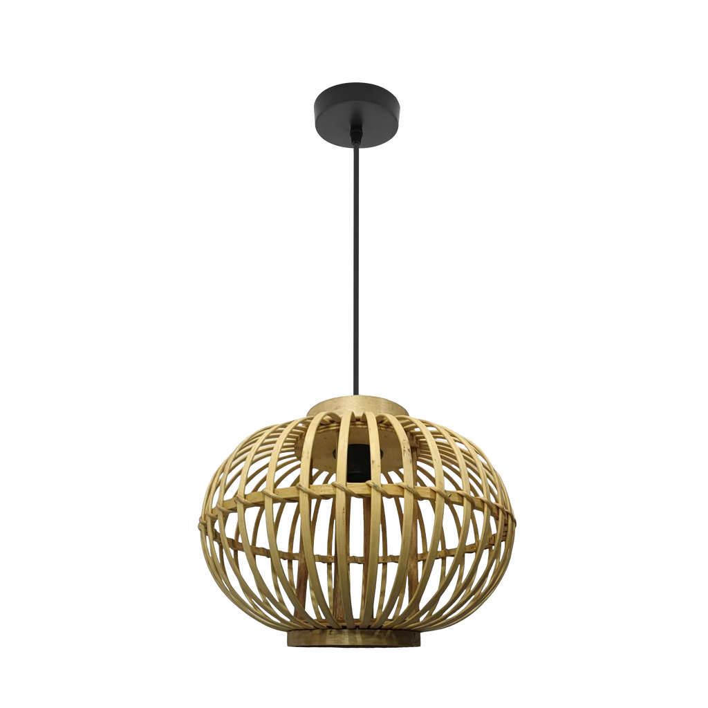 Colgante Guijo negro natural y bambú Abrila 1xE27, lámpara colgante vintage rústico con luz difusa para decoración interior doméstica