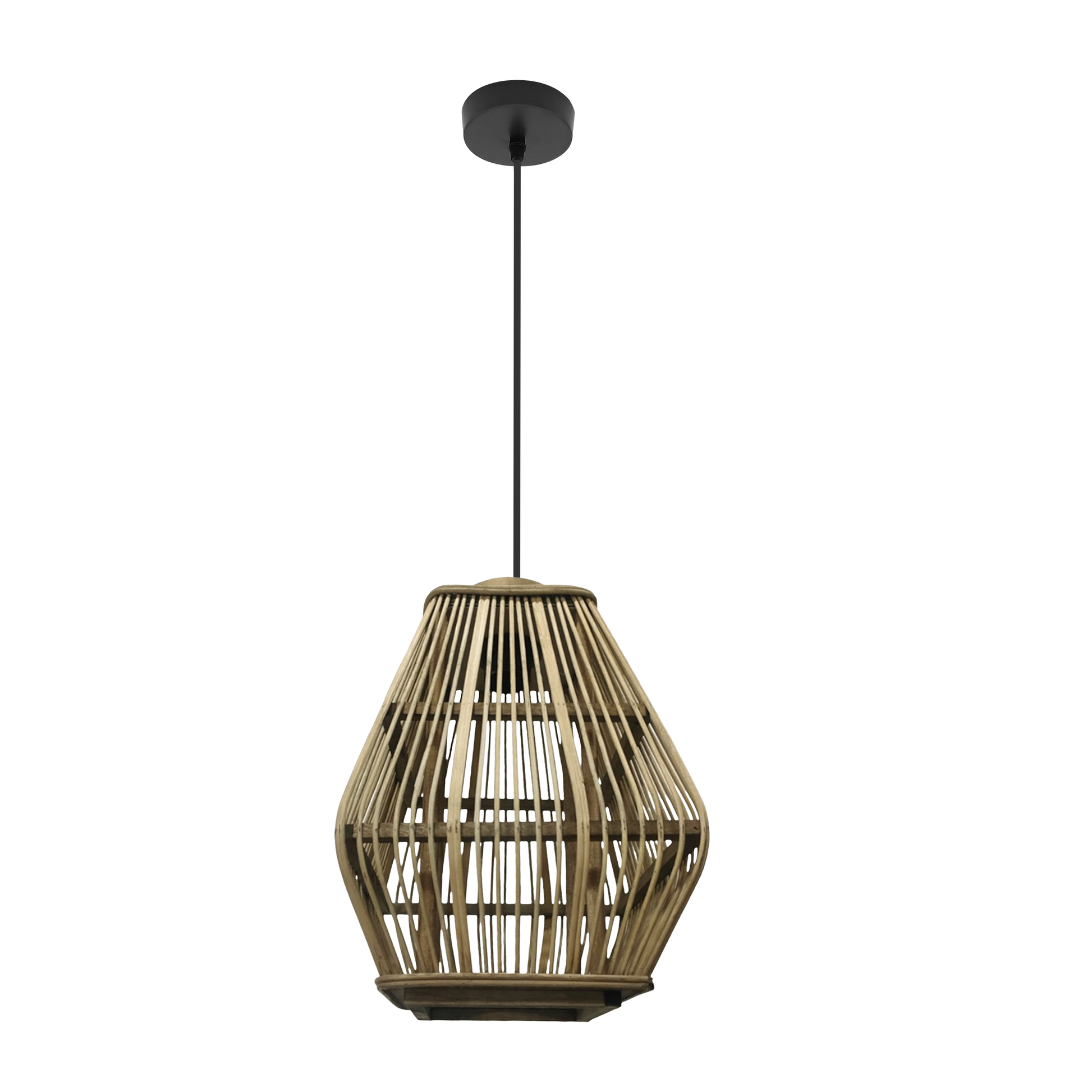Lámpara colgante Tojar de Abrila en negro y bambú natural, diseño minimalista rústico con casquillo E27, ideal para decoración interior doméstica en metal y fibras naturales.