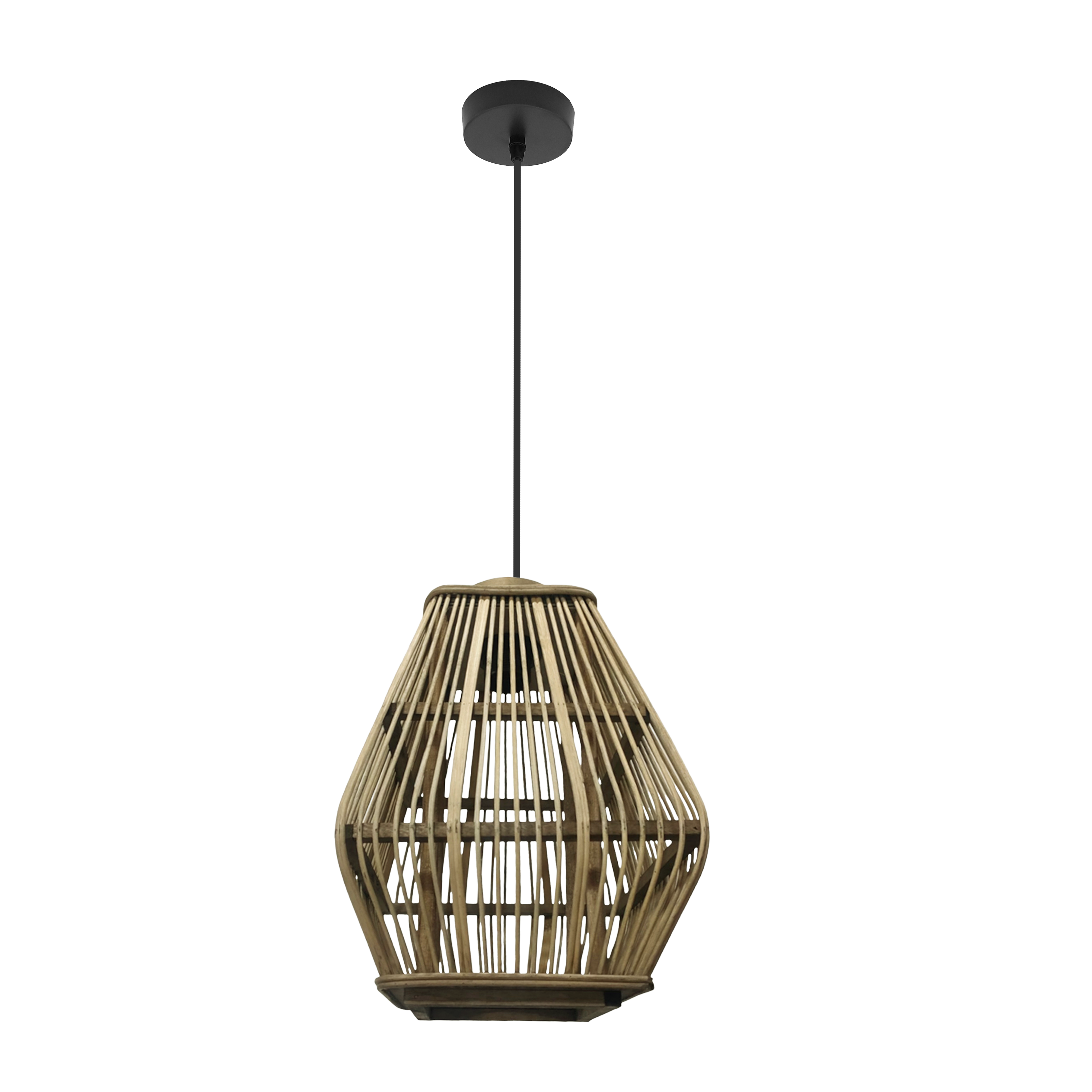 Lámpara colgante Tojar de Abrila en negro y bambú natural, diseño minimalista rústico con casquillo E27, ideal para decoración interior doméstica en metal y fibras naturales.