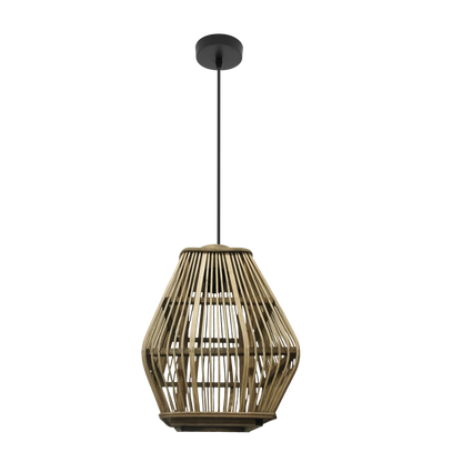 Lámpara colgante Tojar de Abrila en negro y bambú natural, diseño minimalista rústico con casquillo E27, ideal para decoración interior doméstica en metal y fibras naturales.