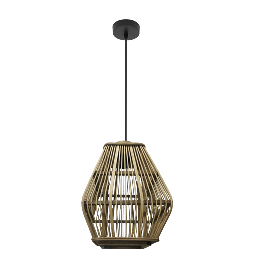 Lámpara colgante Tojar de Abrila en negro y bambú natural, diseño minimalista rústico con casquillo E27, ideal para decoración interior doméstica en metal y fibras naturales.