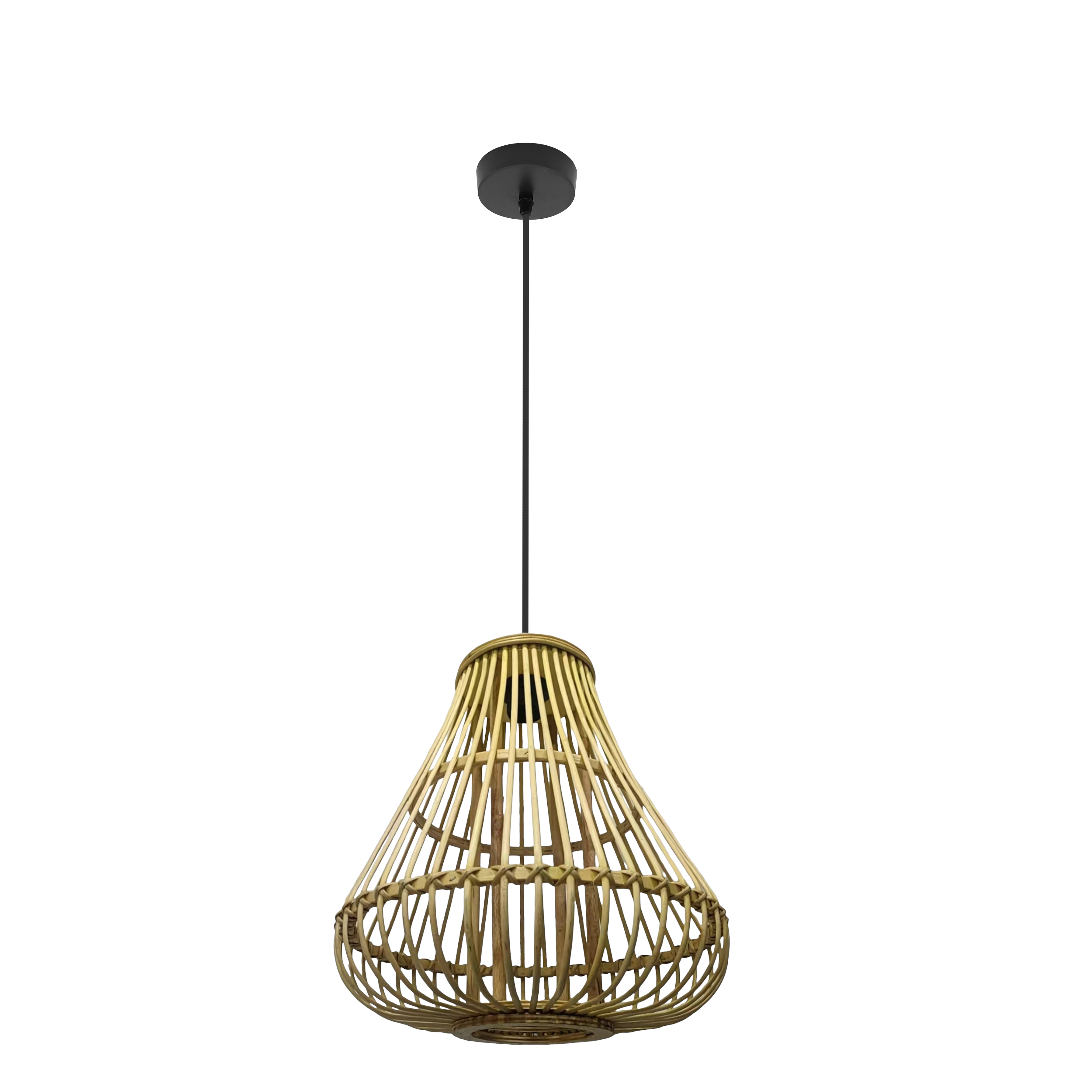 Colgante Hormos negro y bambú natural Abrila - Lámpara colgante rústica de metal y bambú para decoración minimalista del hogar interior