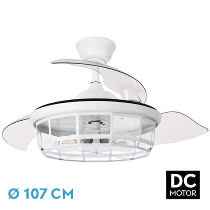 `alt=Ventilador de Techo DC Tornado Blanco 107cm de Abrila con aspas retráctiles, ideal para dormitorio y salón, controlado por mando a distancia`