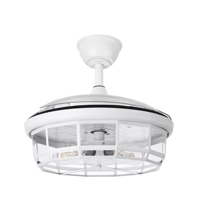 `alt=Ventilador de techo DC Tornado blanco de 107cm de Abrila con aspas retráctiles y mando a distancia para dormitorio y salón`