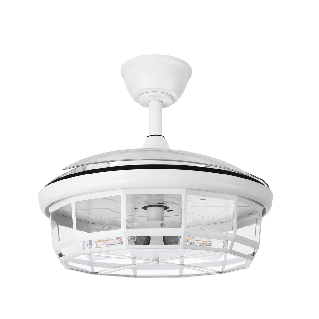 Ventilador de techo DC Tornado blanco de 107 cm de Abrila con aspas retráctiles, ideal para dormitorios y salones. Funciona con motor DC y viene con mando a distancia para un control cómodo. Diseñado para interiores, este ventilador ofrece un rendimiento eficiente y silencioso.