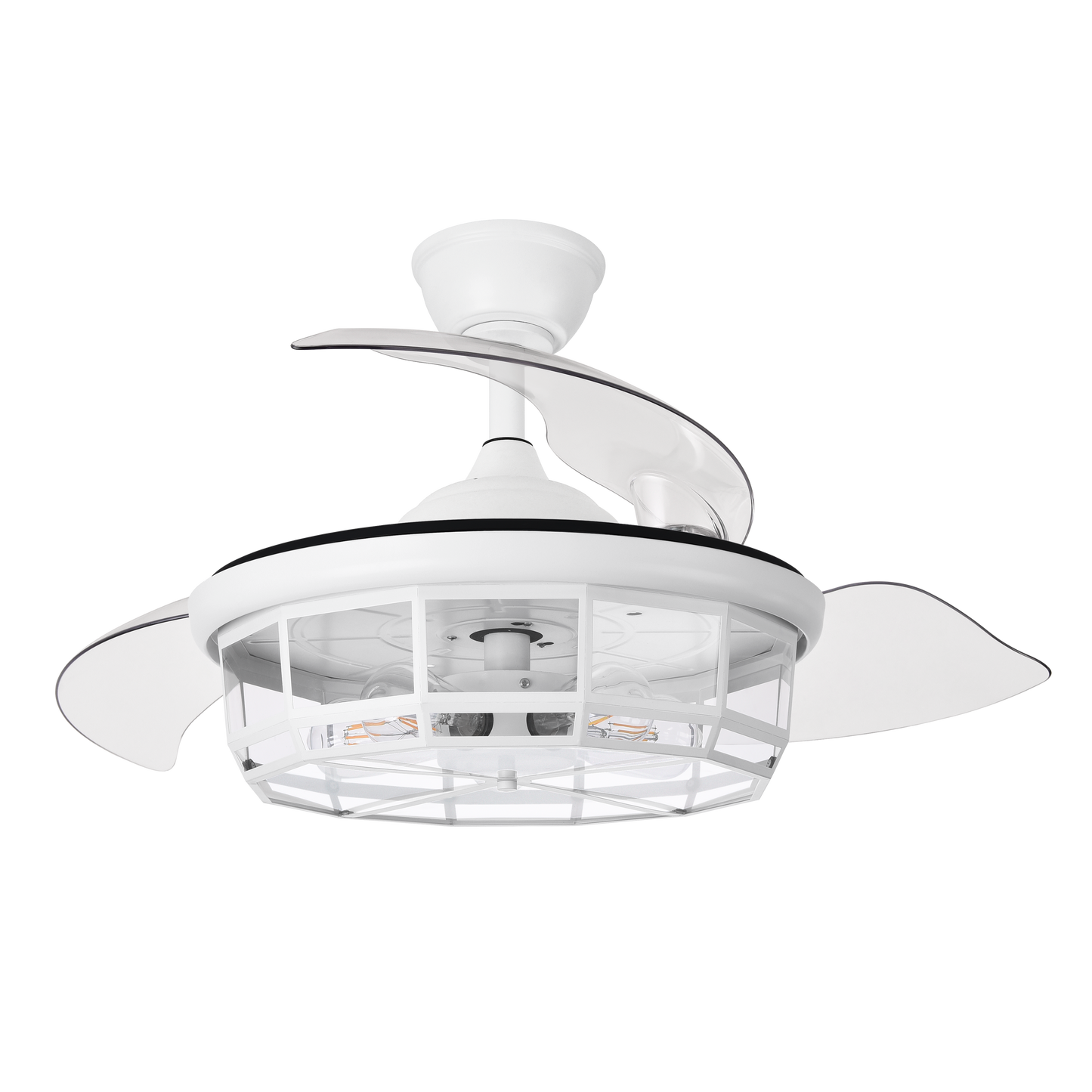 Ventilador de techo DC Tornado Blanco de 107 cm de Abrila con aspas retráctiles, ideal para interiores como dormitorios y salones. Controlado por mando a distancia, ofrece un motor DC eficiente y silencioso.