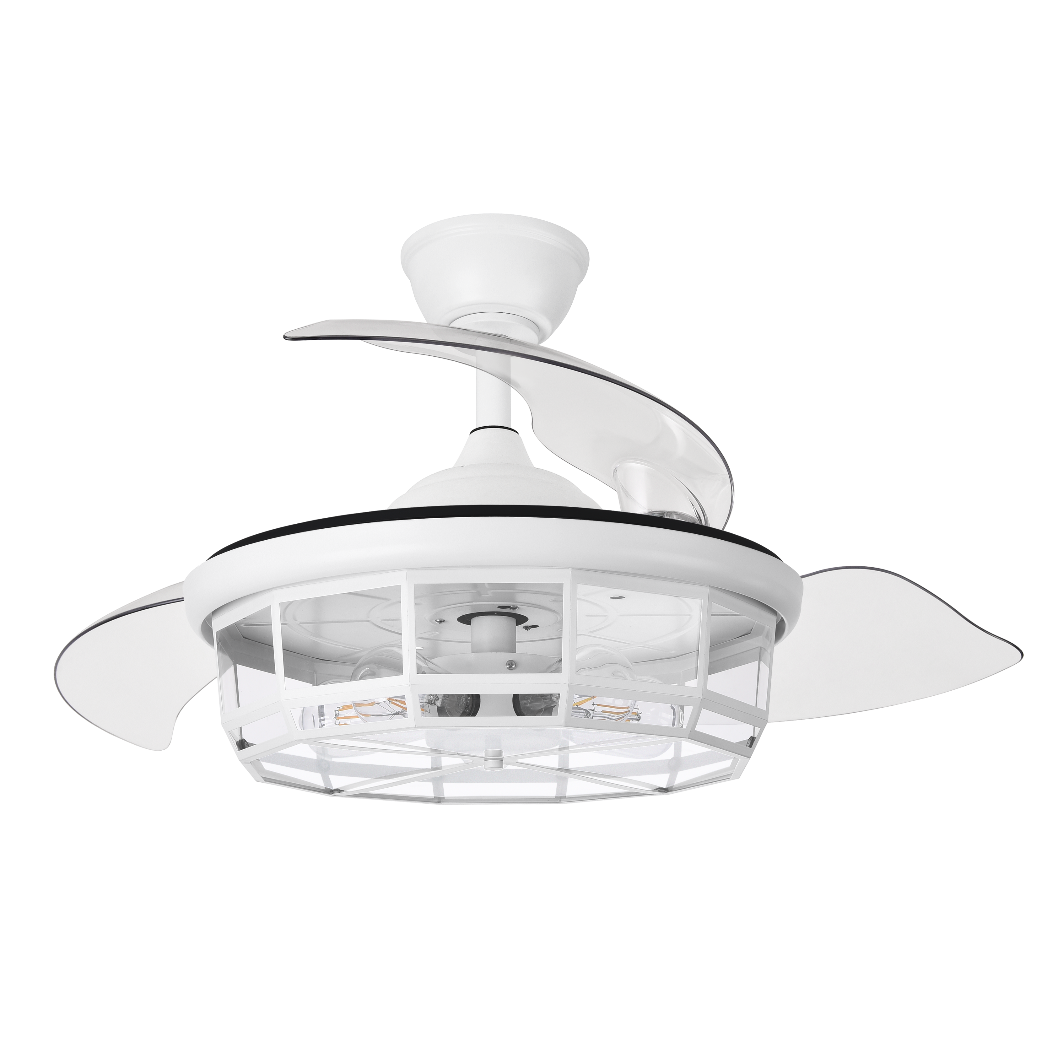 Ventilador de techo DC Tornado Blanco de 107 cm de Abrila con aspas retráctiles, ideal para interiores como dormitorios y salones. Controlado por mando a distancia, ofrece un motor DC eficiente y silencioso.