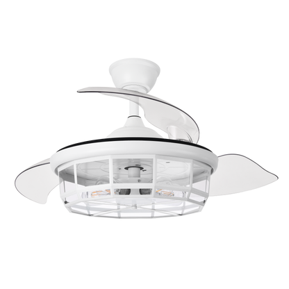 Ventilador de techo DC Tornado Blanco de 107 cm de Abrila con aspas retráctiles, ideal para interiores como dormitorios y salones. Controlado por mando a distancia, ofrece un motor DC eficiente y silencioso.
