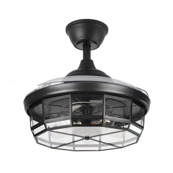 Ventilador de techo Tornado Negro de 107 cm de Abrila, modelo 222691309. Diseño moderno con aspas retráctiles y motor DC de alta eficiencia. Incluye control remoto para ajustar entre 6 velocidades y luz integrada. Ideal para interiores domésticos, proporcionando una circulación de aire potente y silenciosa.