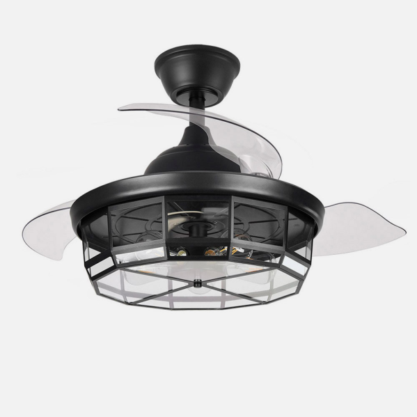 `alt=Ventilador de techo Tornado Negro 107cm Abrila con 6 velocidades, aspas retráctiles, control remoto e iluminación integrada para interior doméstico`