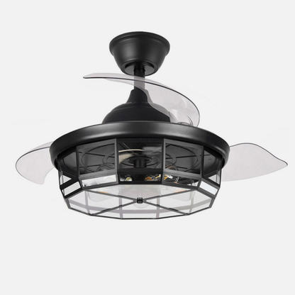 `alt=Ventilador de techo Tornado Negro 107cm Abrila con 6 velocidades, aspas retráctiles, control remoto e iluminación integrada para interior doméstico`