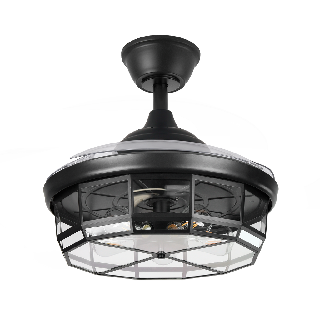 `alt=Ventilador de techo Tornado Negro 107cm Abrila con 6 velocidades, aspas retráctiles, control remoto e iluminación integrada`