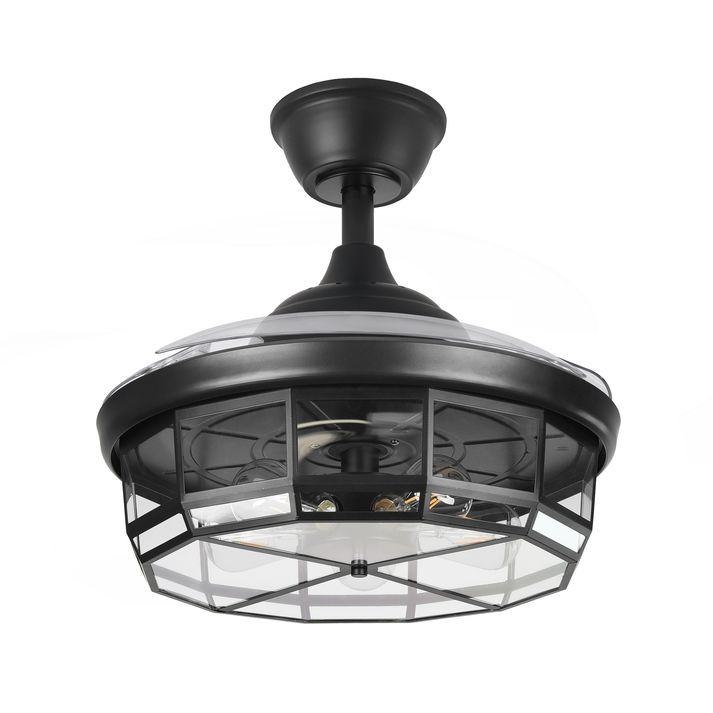 `alt=Ventilador de techo Tornado Negro 107cm Abrila con 6 velocidades, aspas retráctiles, control remoto e iluminación integrada`