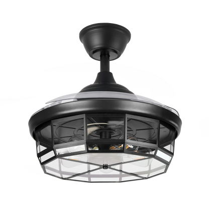 `alt=Ventilador de techo Tornado Negro 107cm Abrila con 6 velocidades, aspas retráctiles, control remoto e iluminación integrada`