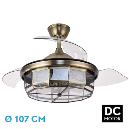 Ventilador de techo Tornado Cuero de 107cm de Abrila, modelo 222691314. Diseño decorativo en cuero con aspas retráctiles. Equipado con motor DC y mando a distancia. Ofrece 6 velocidades de ventilación para interiores.